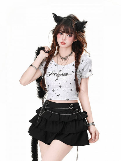 Pink/Gray Round Neck Bowknot Print Glamorous Cropped T-Shirt