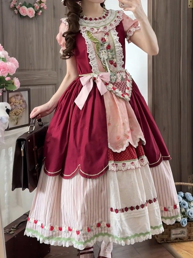 Wine Red Plaid Apron with Strawberry Embroidery - Unfinished Fairy Tales