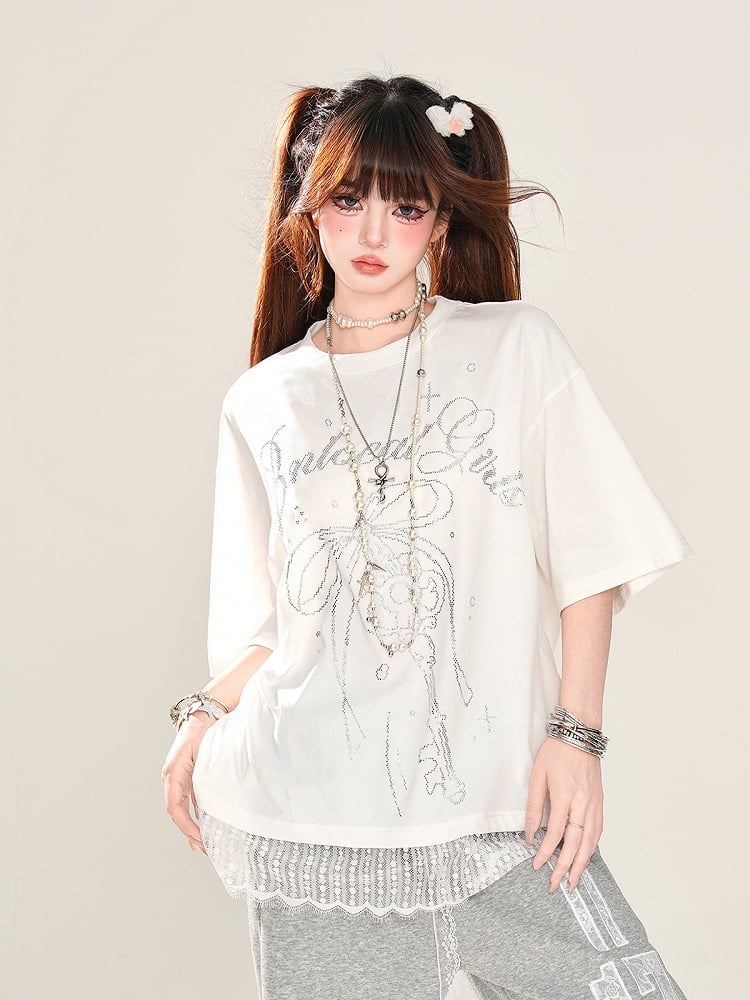 T-Shirt Loose Blau/Weiß Schlüssel- und Schleifendruck Spitzenbesatz