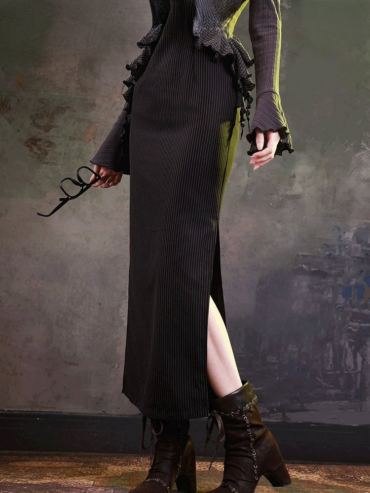 Retro Black & Gray Two-Piece Look Striped Halter Gown with Ruffled Trim - sijinstudio
