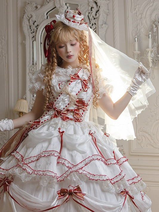 Veil Mini Hat and Red Lolita White with Lace Bowknots Trim