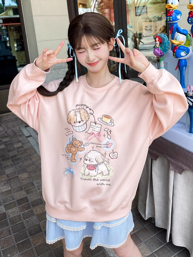 Adorable Cartoon Puppy Print Pink Round Loose Neck Sweatshirt