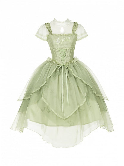 Green Teardrop Cutout Neck Chinoiserie Lolita OP Dress - With PUJI