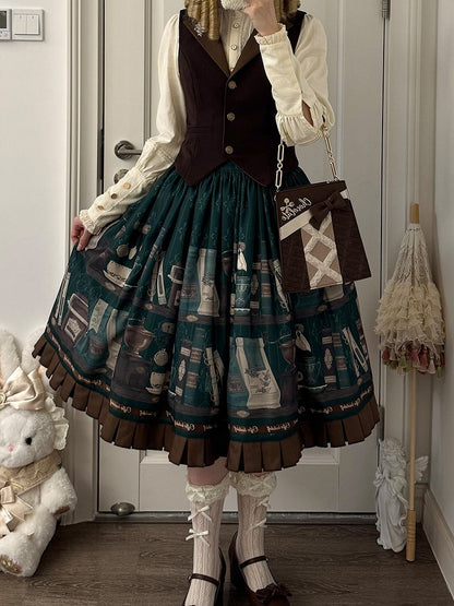 Dark Green Brown Coffee Cup Bookshelf Print Elegant Skirt Ruffled Hem - Dream Whale