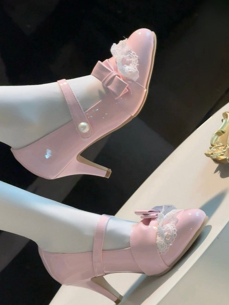 Trim Accent Lolita PU Lace Bow Heels Leather in Detachable Sweet Pink