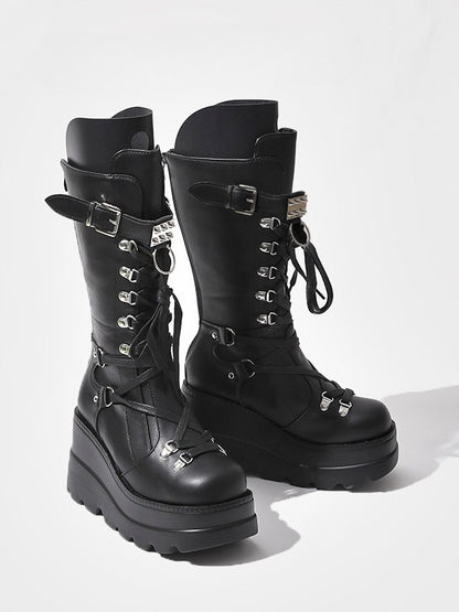 Silver Gothic Buckle Mid-Calf Boots Black Studded Strap - Platform