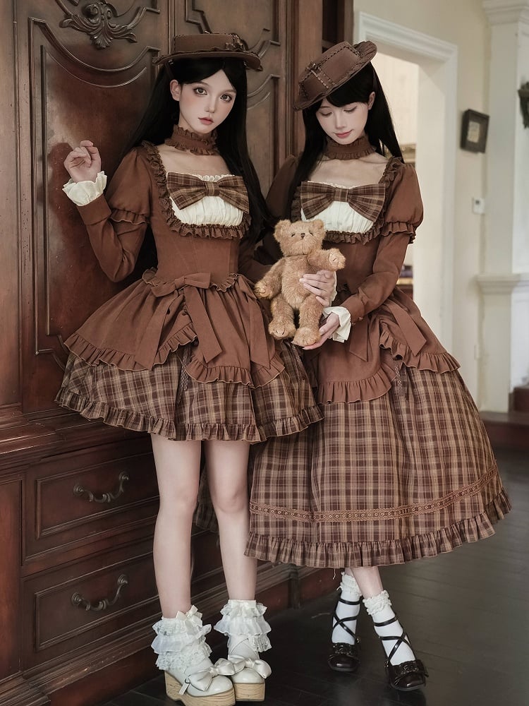 Neckline Short Elegant Square Dress Classic Coffee Lollita Plaid Version