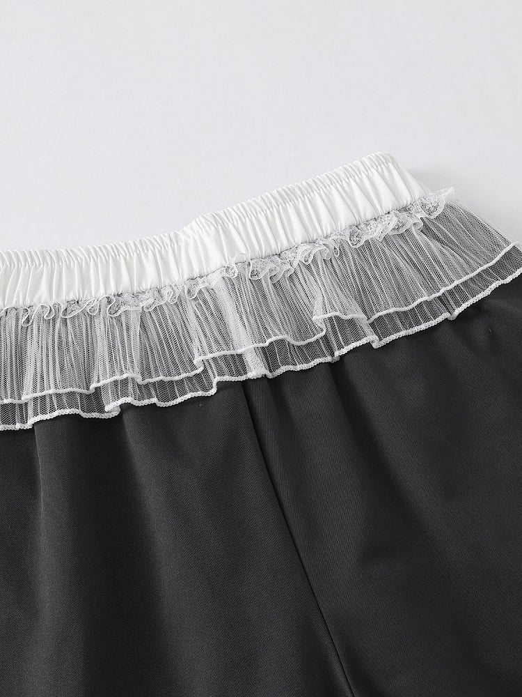 Black Striped Wide Leg Trousers with Layered Tulle Skirt - Languid Park