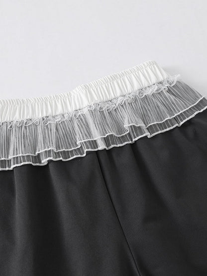 Black Striped Wide Leg Trousers with Layered Tulle Skirt - Languid Park