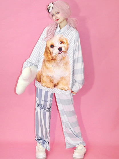 Fashion Gray Checked Puppy Pattern Print Striped Gyaru Shirt And