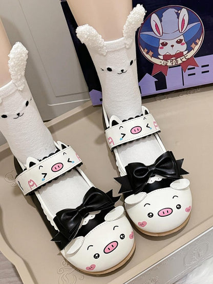 Interchangeable Black Lolita Mary with Detail Flat Scalloped Pig Sweet Bow Print Janes -