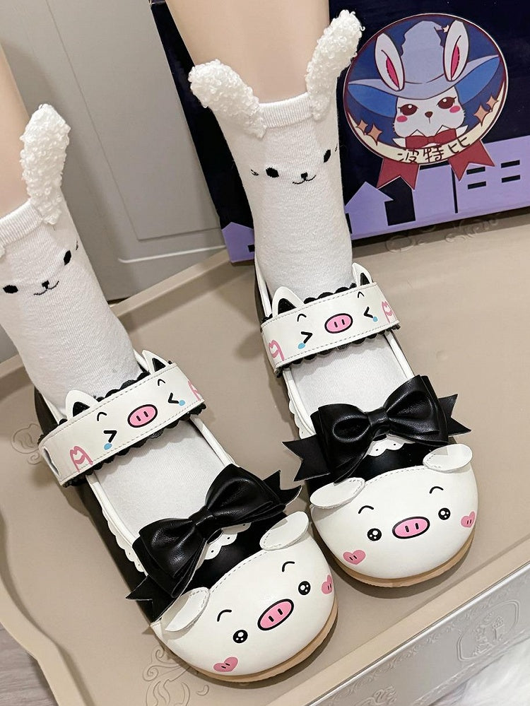 Print with Interchangeable Pig Mary Janes Black Flat Lolita Bow Detail Sweet - Scalloped