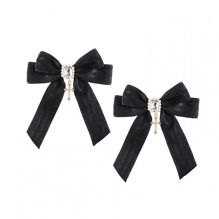 Rhinestone Embellished Jirai Kei Black Bow Cross Charm Hairclips