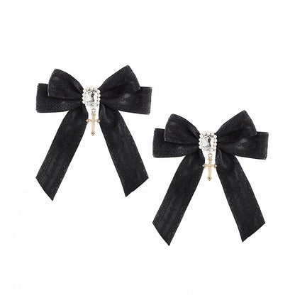Rhinestone Embellished Jirai Kei Black Bow Cross Charm Hairclips