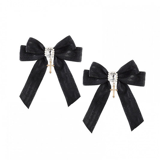 Rhinestone Embellished Jirai Kei Black Bow Cross Charm Hairclips