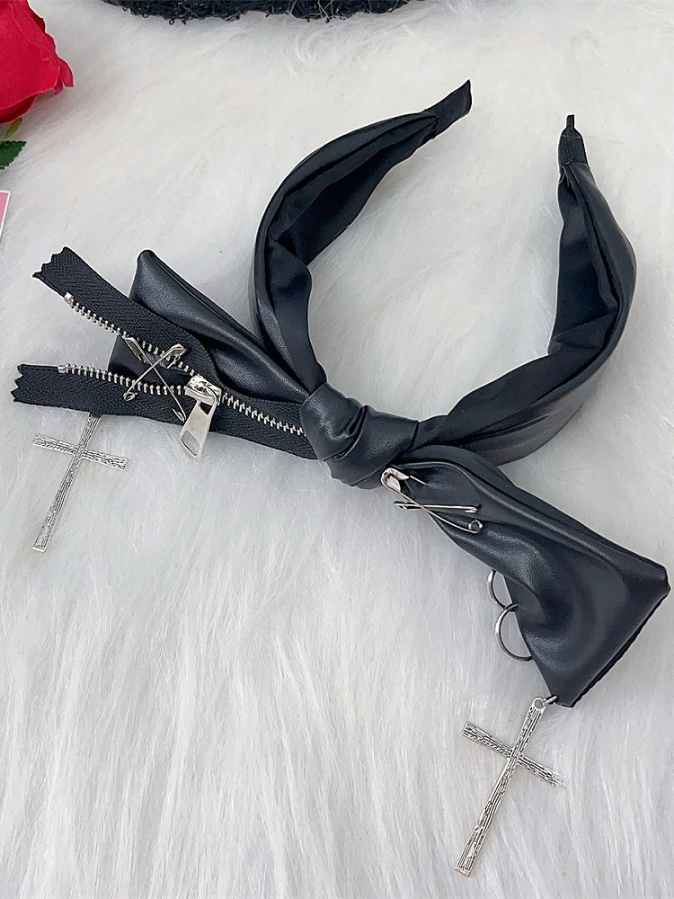 Zipper Bowknot Punk Pin Black Design Cross Decorated Charm PU Y2K