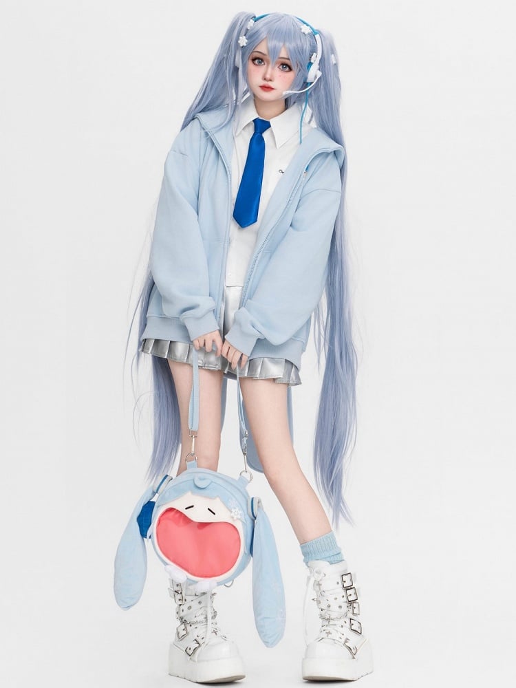 Full Set: Ears Snow + Tie Oversized Blue Hoodie + Socks + Skirt + Bunny Shirt