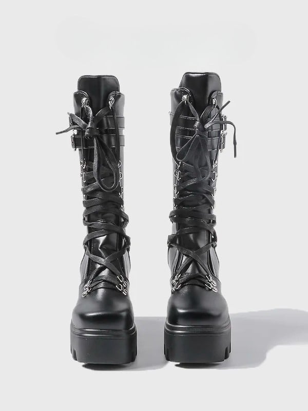 Chunky Black Closure Boots - Heel Mid-Calf with Gothic Buckle Matte Triple System Ornate