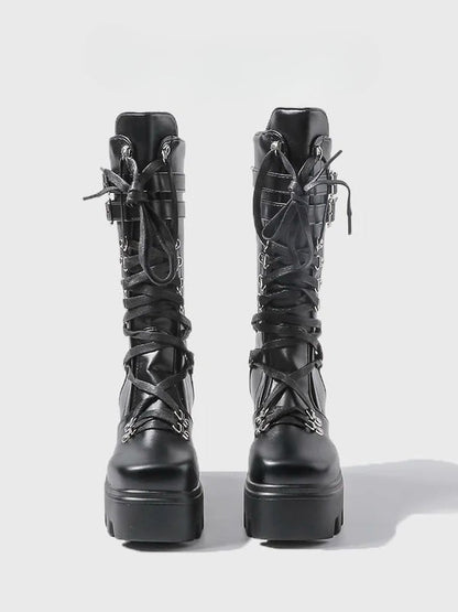 Chunky Black Closure Boots - Heel Mid-Calf with Gothic Buckle Matte Triple System Ornate