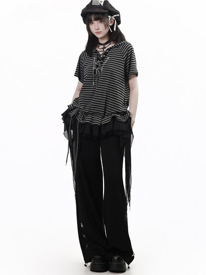 Striped Hooded Tee with Ruffle Hem & Streamers - Black Gray - PINK SAVIOR