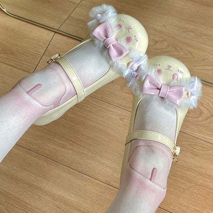 Details Buckle Shoes Lolita Sweet YellowPink Bunny With Toe Ear Round Strap Bowknot Plush