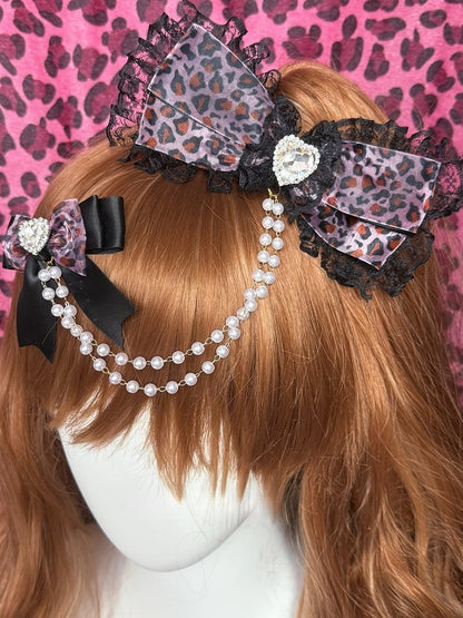 Pink Two BlackDark/Light Hairclips Chain Bowknot Rhinestone Heart Bead Decorated