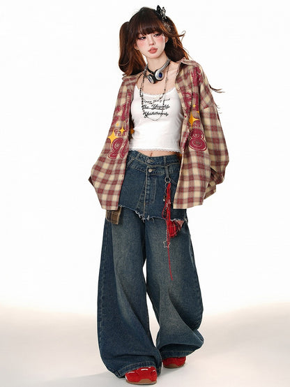 Blaue Jeans mit weitem Bein und Fake-Zweiteiler-Design