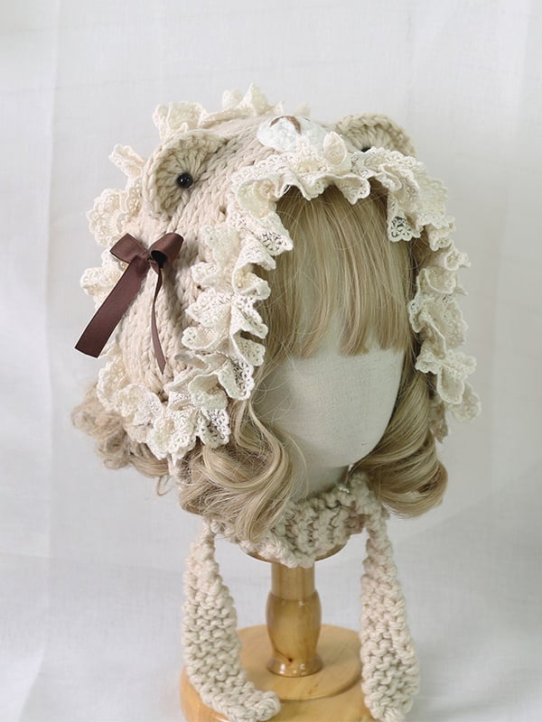 Lolita Ear 4 Detachable Lace-trimmed Knitted Colors Bowknot Bear With Sweet Hat