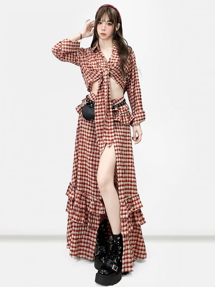 Muster Twist Oberschenkel-High High-Low Shirt Floral Slit + Rock Details Rot Print Plaid