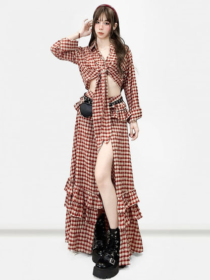 Pattern Twist Thigh-high High-low Shirt Floral Slit + Skirt Details Red Print Plaid