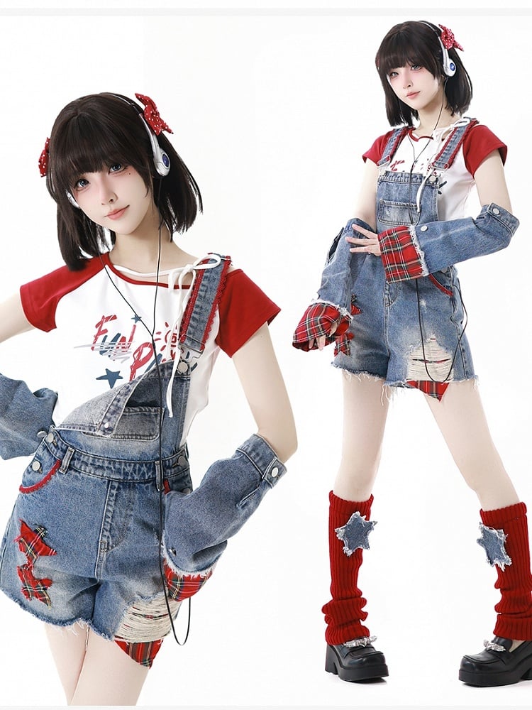 Distressed Denim Shorts Raw mit Overall-Applikationen Blauer Stern Saum Löcher Armwears Plaid Free
