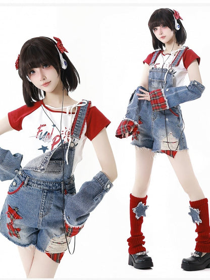 Red  White Colorblock Asymmetrical Neckline Graphic T-Shirt