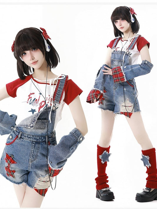 レッドホワイトカラーブロックアシンメトリーネックライングラフィックTシャツ