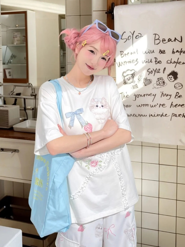 Long/Short Version Adorable Kitty Print Creamy White Round Neck T-Shirt