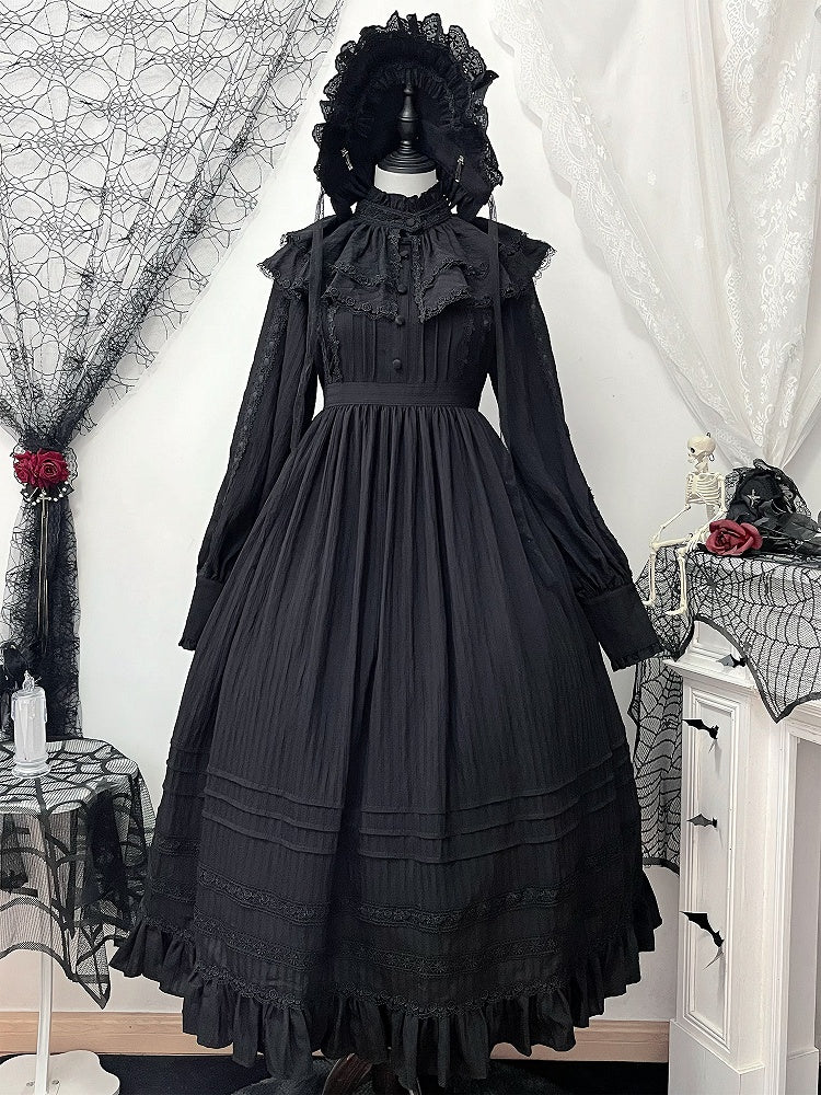 Lolita High Collar Sleeves Gothic Black Dress + Waist Long Kuro