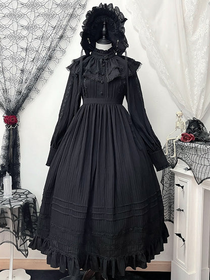Lolita High Collar Sleeves Gothic Black Dress + Waist Long Kuro