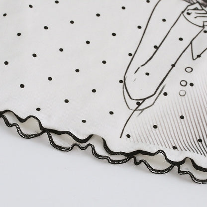 White Ruffle Asymmetric Polka Dot Top with Anime Print - serendipity