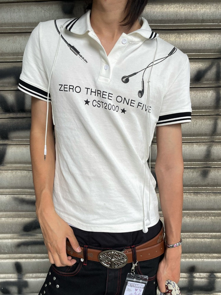 White Striped Polo Shirt with Headphone and Letter Print - DETW OnLine