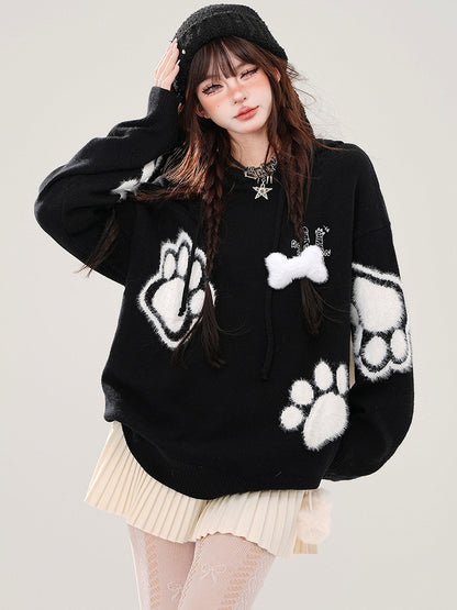 Black/White Cute Paw Appliques Puppy Ears Hoodie