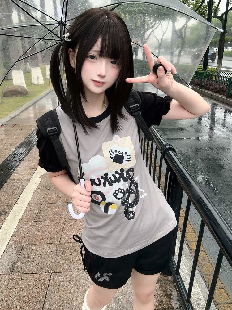 Polka Dot Kawaii Print T-Shirt Wear Kitten Gray Black Design and Colorblock Daily -