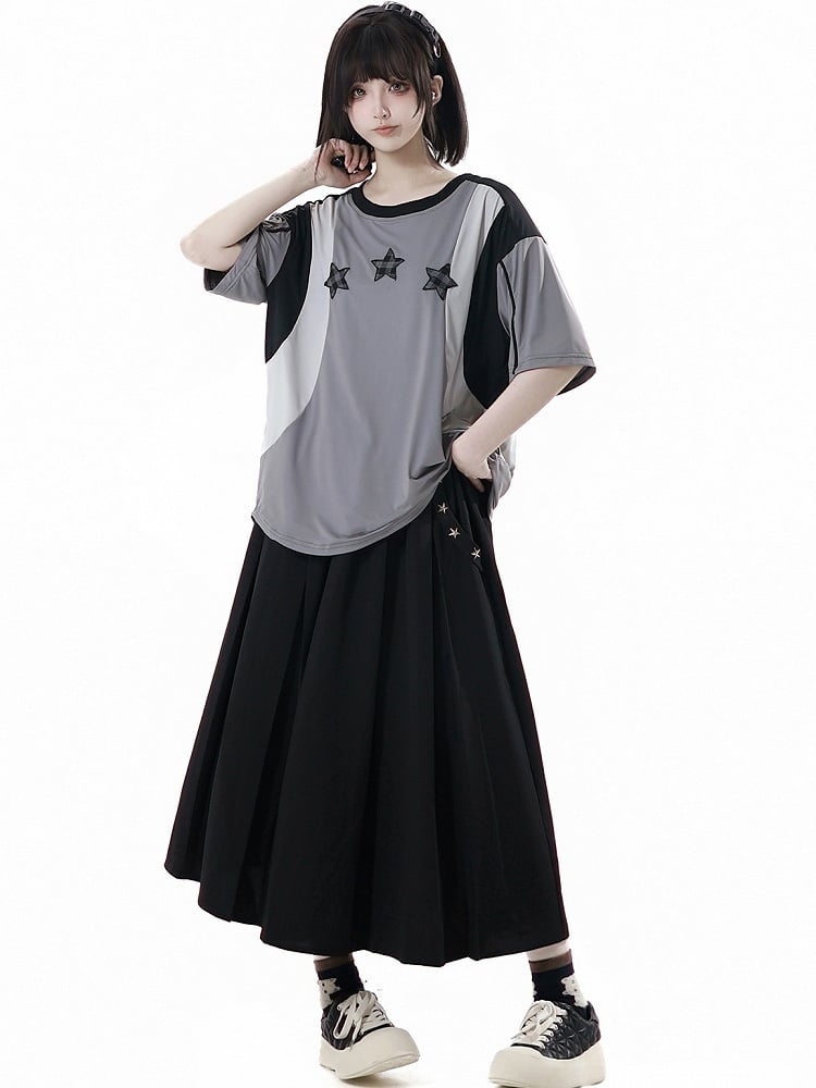 Neck Design Round Sports T-shirt Colorblock Star Appliques Plaid Black/Gray