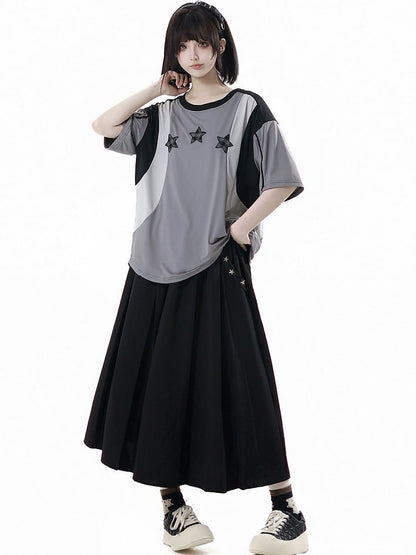Neck Design Round Sports T-shirt Colorblock Star Appliques Plaid Black/Gray