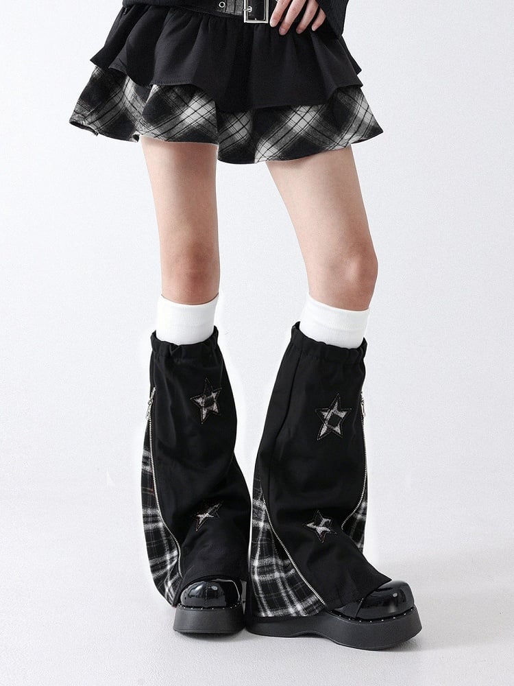 Black and White Y2K Plaid Leg Warmers with Star Decoration - Solost