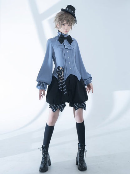 Blaues Ouji Lolita Fashion Jabot-Kragen-Hemd im Prince-Stil