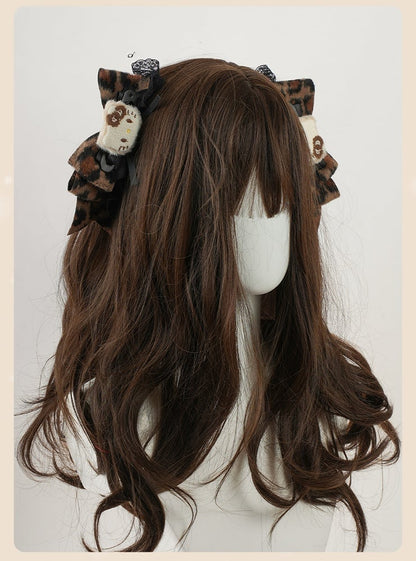Coffee Leopard Bowand Kitty Hairclips