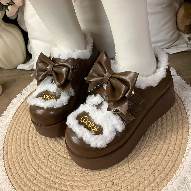 Round Toe Sweet Lolita  Brown Platform Shoes with Fleece-lined & Strawberry Snap