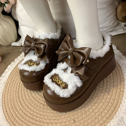 Round Toe Sweet Lolita  Brown Platform Shoes with Fleece-lined & Strawberry Snap