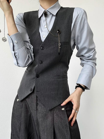 Modal Button Placket Unisex with Gray Lolita Long Light Flat Shirt Ouji Sleeve Collar Pointed