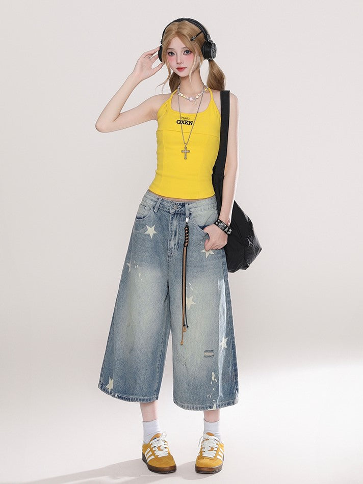 Starry Blue Faded Wash Denim Capris Pants with Distressed Holes