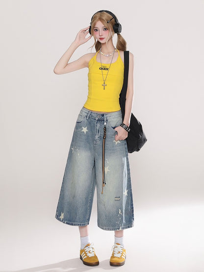 Starry Blue Faded Wash Denim Capris Pants with Distressed Holes